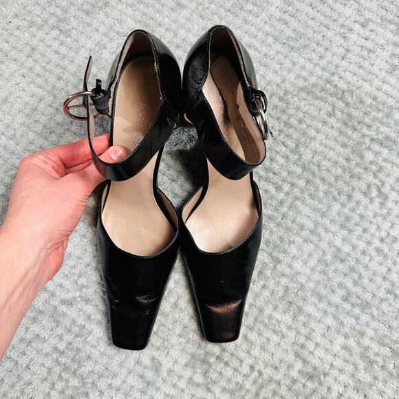 Vintage Y2K Black Leather Ankle Strappy Kitten Heel Square Toe Mule Pointed 9 - Picture 2 of 4